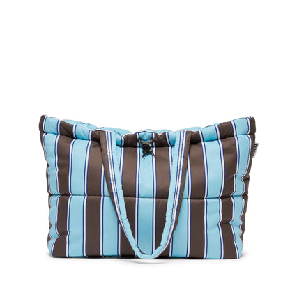 Scrunch Base Puffer Tote | Chocolate/Blue Stripe