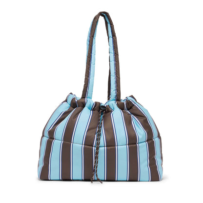 Scrunch Base Puffer Tote | Chocolate/Blue Stripe